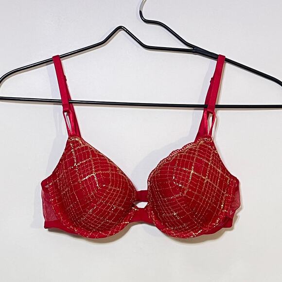 Victoria's Secret Bra Womens 32C Red Gold Plaid Lined Demi Back Closure Multiway - Picture 1 of 6